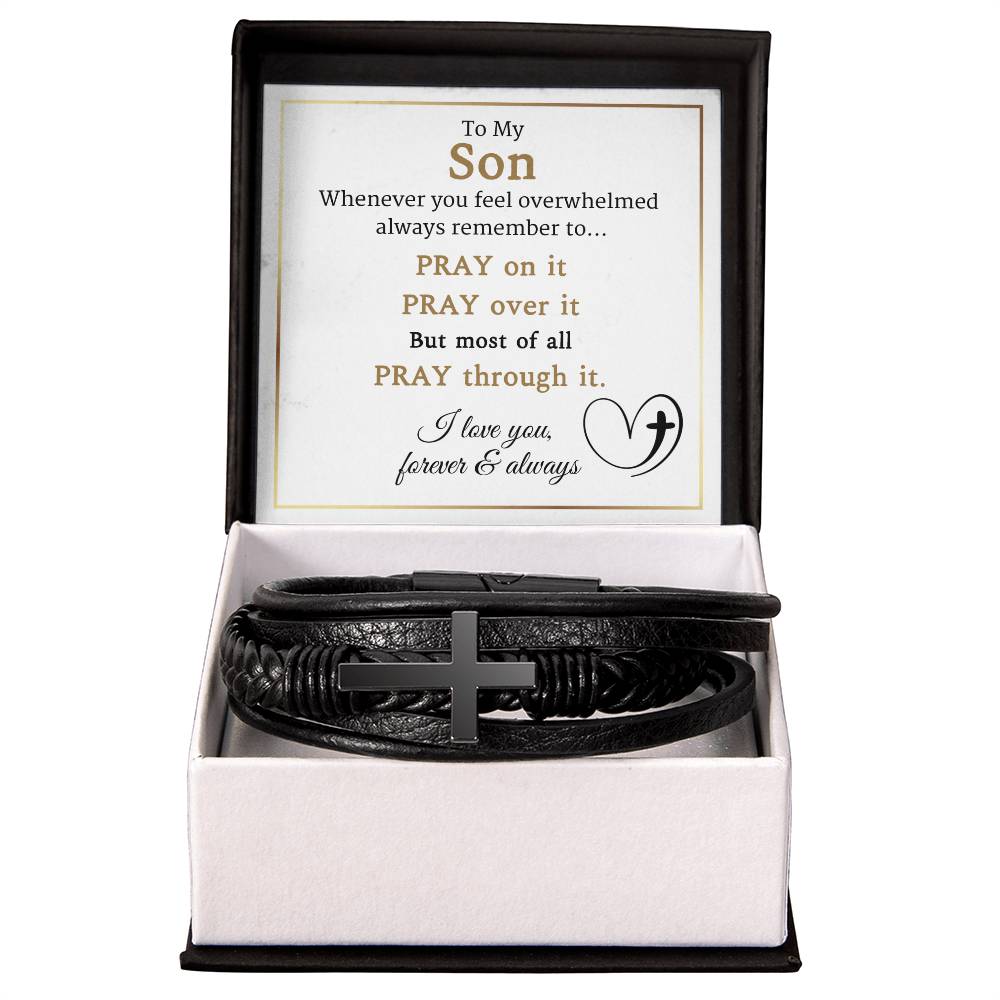 To My Son-Pray on It- Cross Leather Bracelet