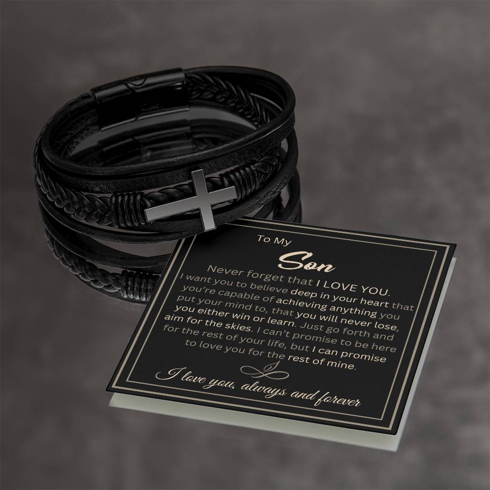 To My Son- Aim for the Skies-  Cross Leather Bracelet