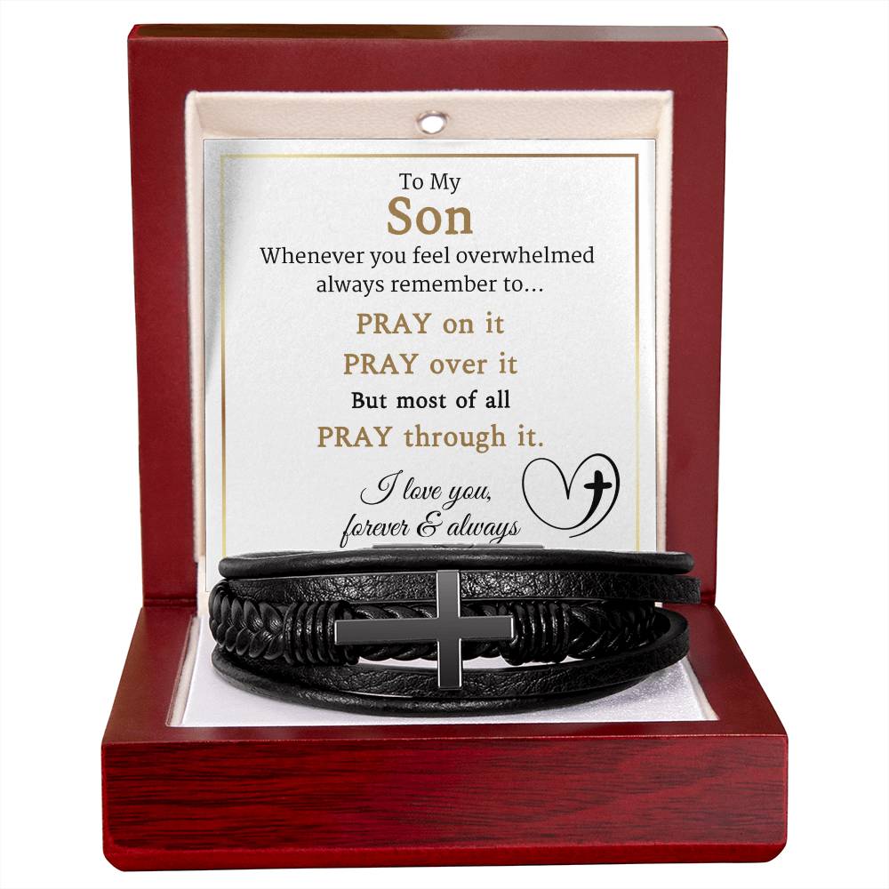 To My Son-Pray on It- Cross Leather Bracelet