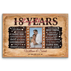 18th Wedding Anniversary Custom Canvas - Gift for Husband and Wife - Personalized Photo - 18 Years Together