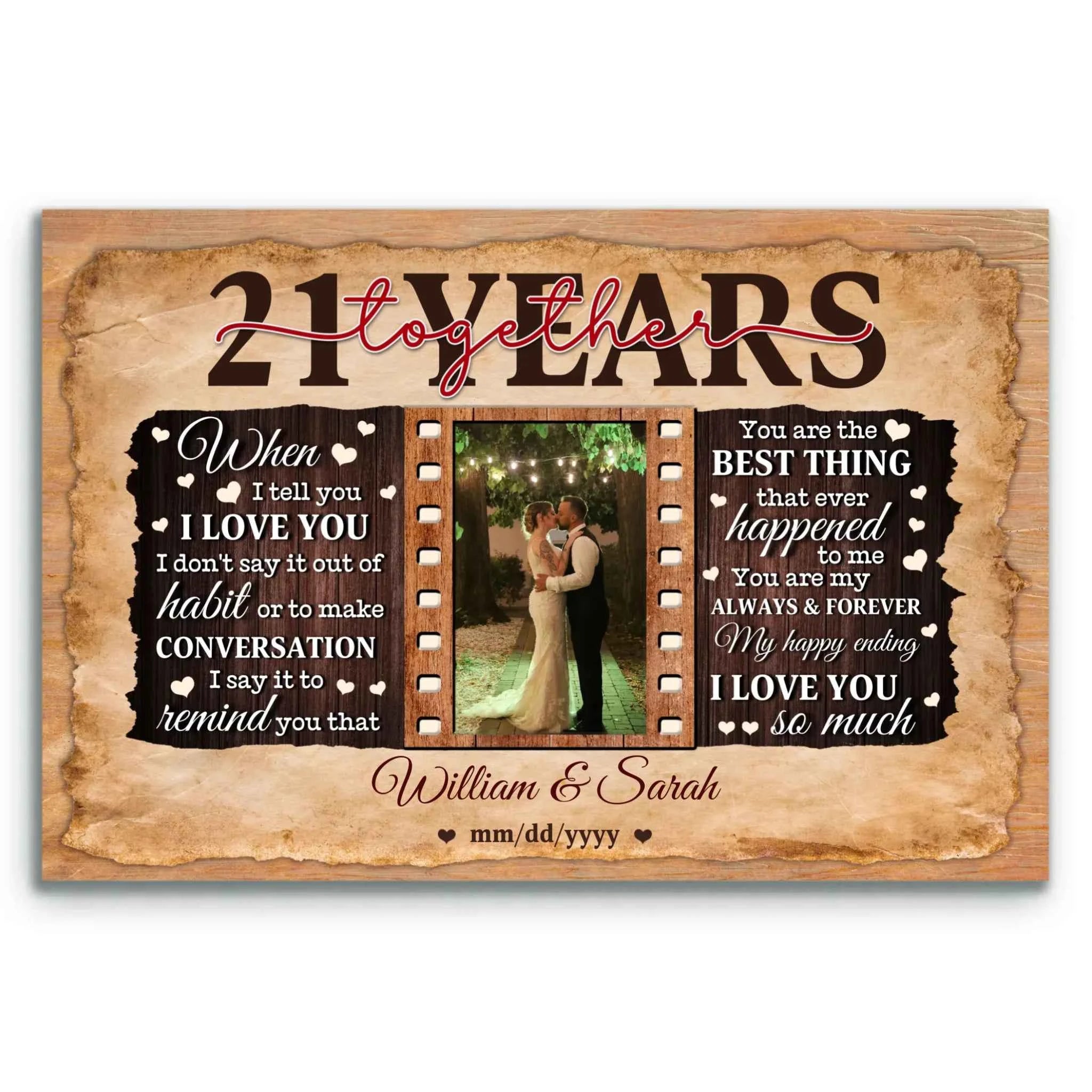 21st Anniversary Personalized Canvas Gift for Couples - Custom Photo Print - 21 Years of Marriage