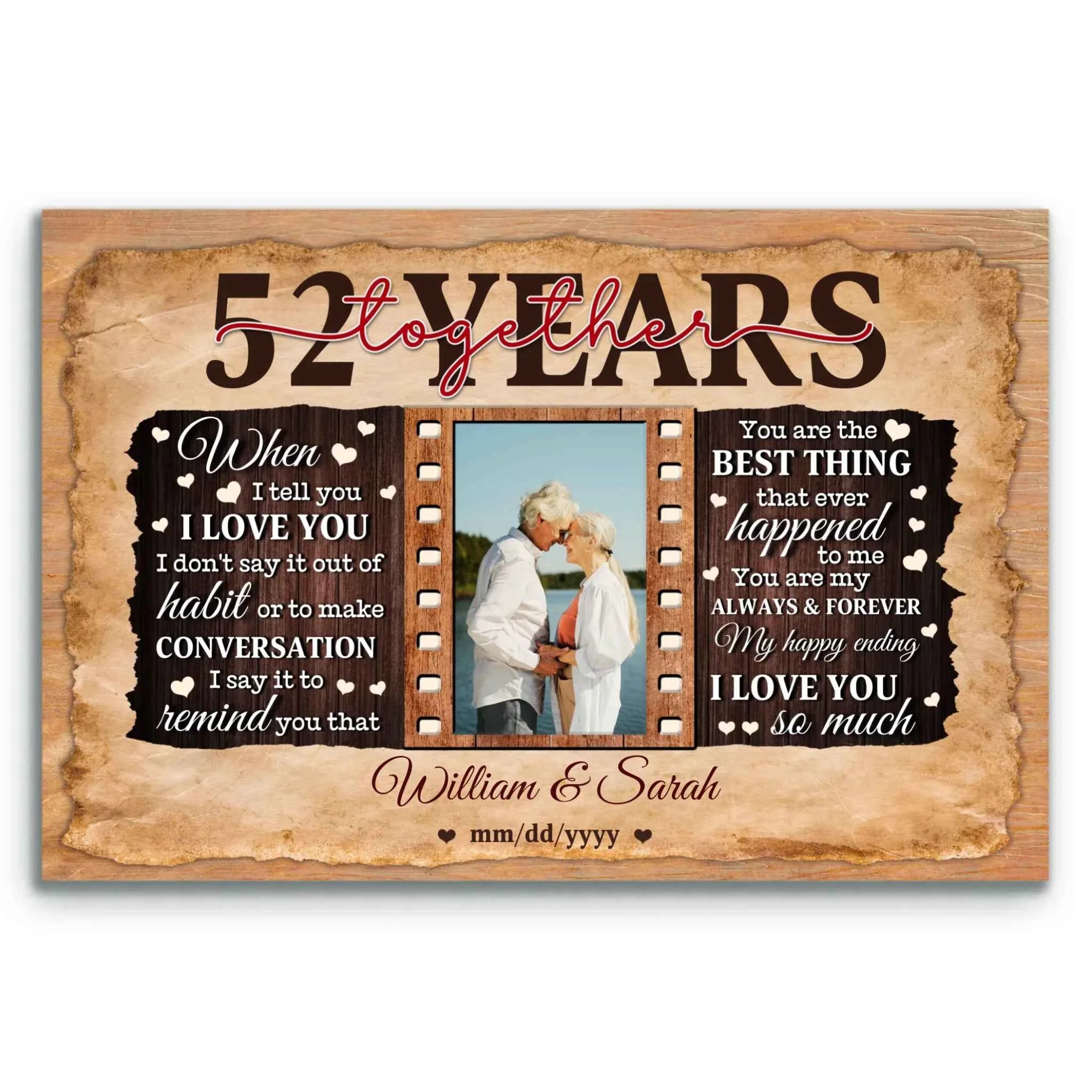 Anniversary Canvas Keepsake - 52nd Anniversary Gift for Partners - Custom Photo - 52 Years Together