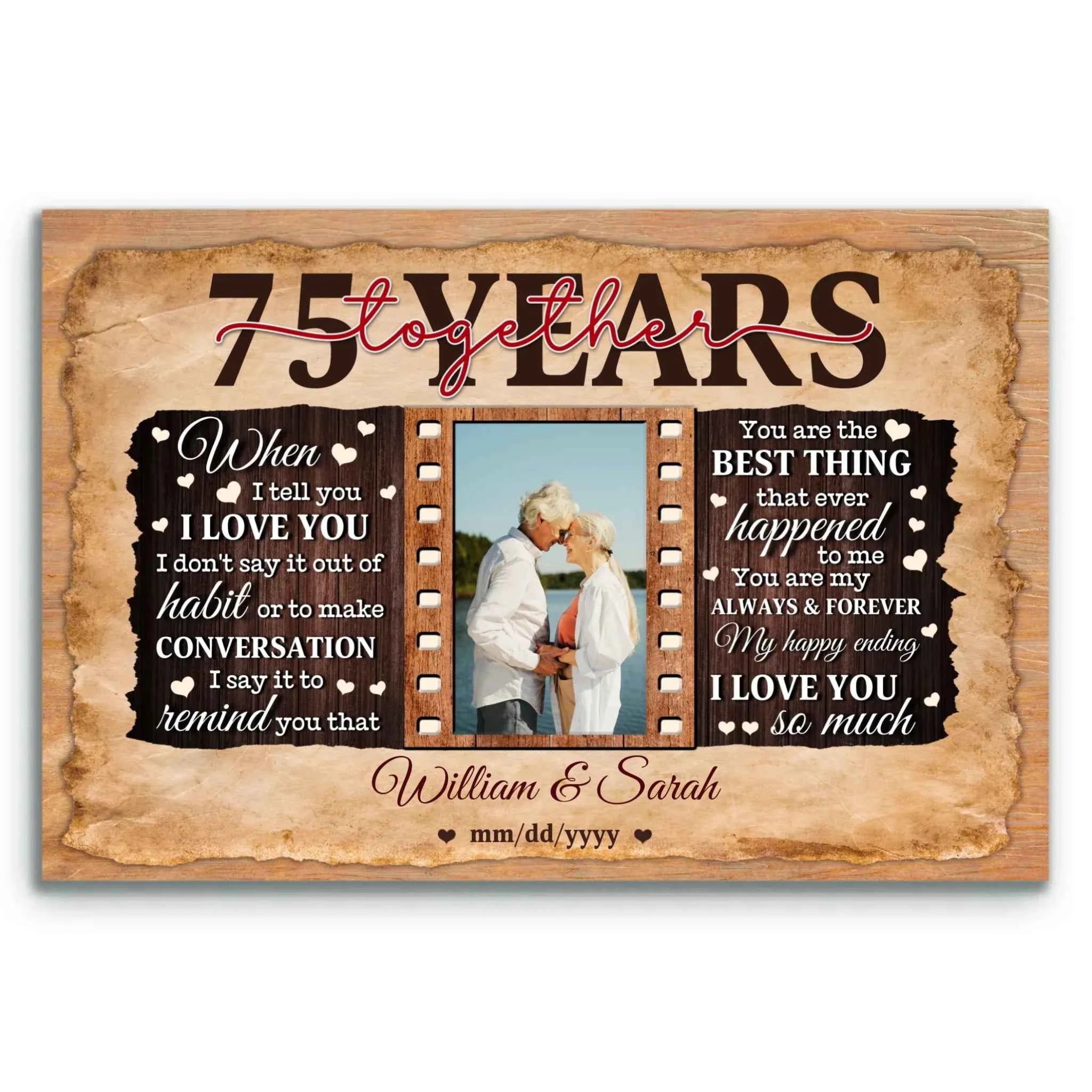 Romantic Anniversary Canvas - 75th Year Gift for Him & Her - Personalized Photo - 75 Years of Love