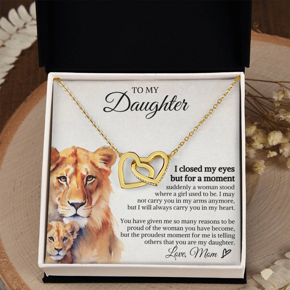 To My Daughter- In My Heart- Love Mom- Interlcoking Hearts Necklace