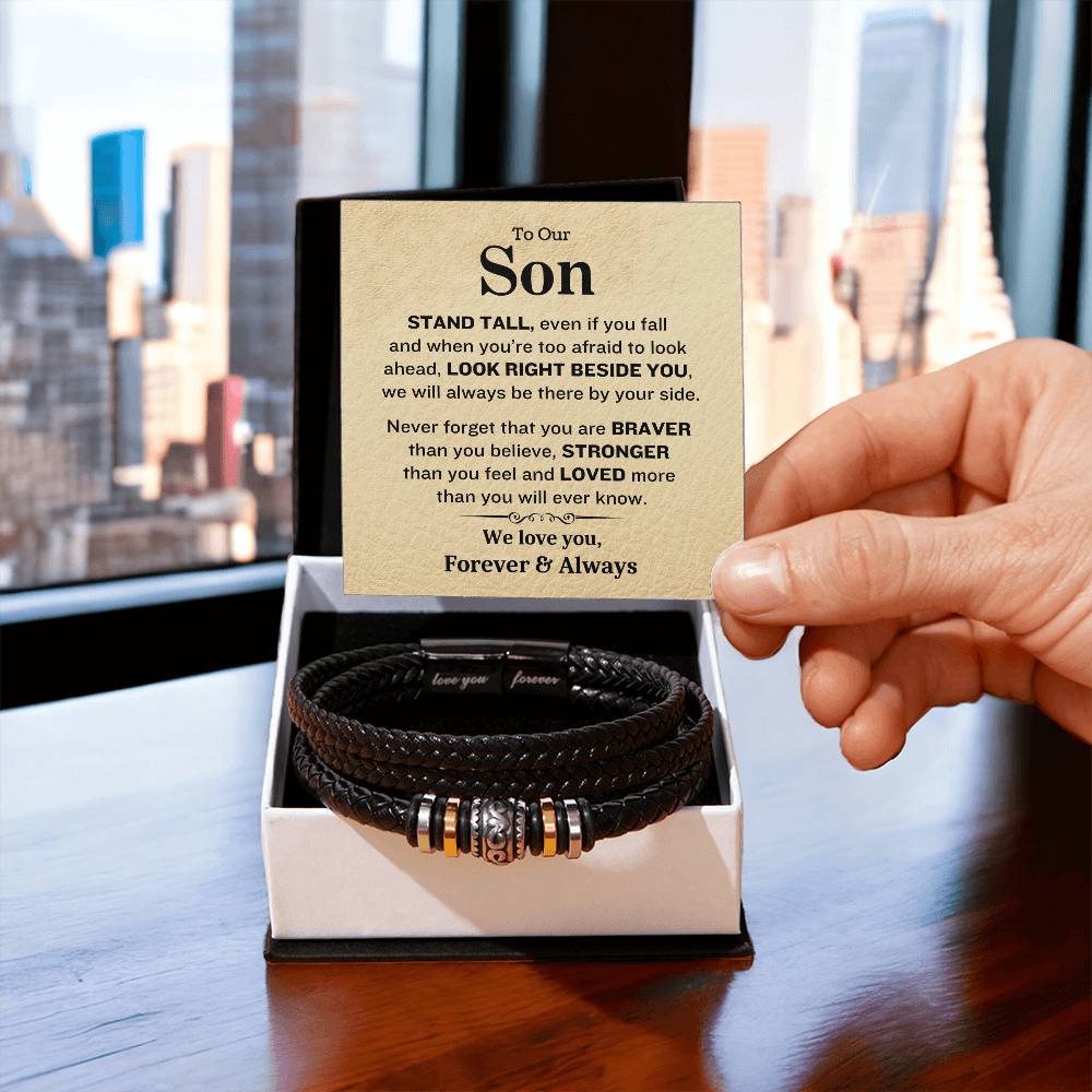 To Our Son-Stand Tall- Forever and always-Mens Leather Bracelet