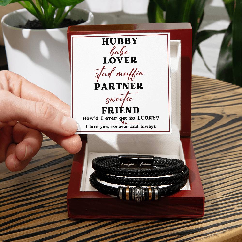 Hubby- How'd I get so lucky?-Mens "LOVE YOU" forever leather bracelet