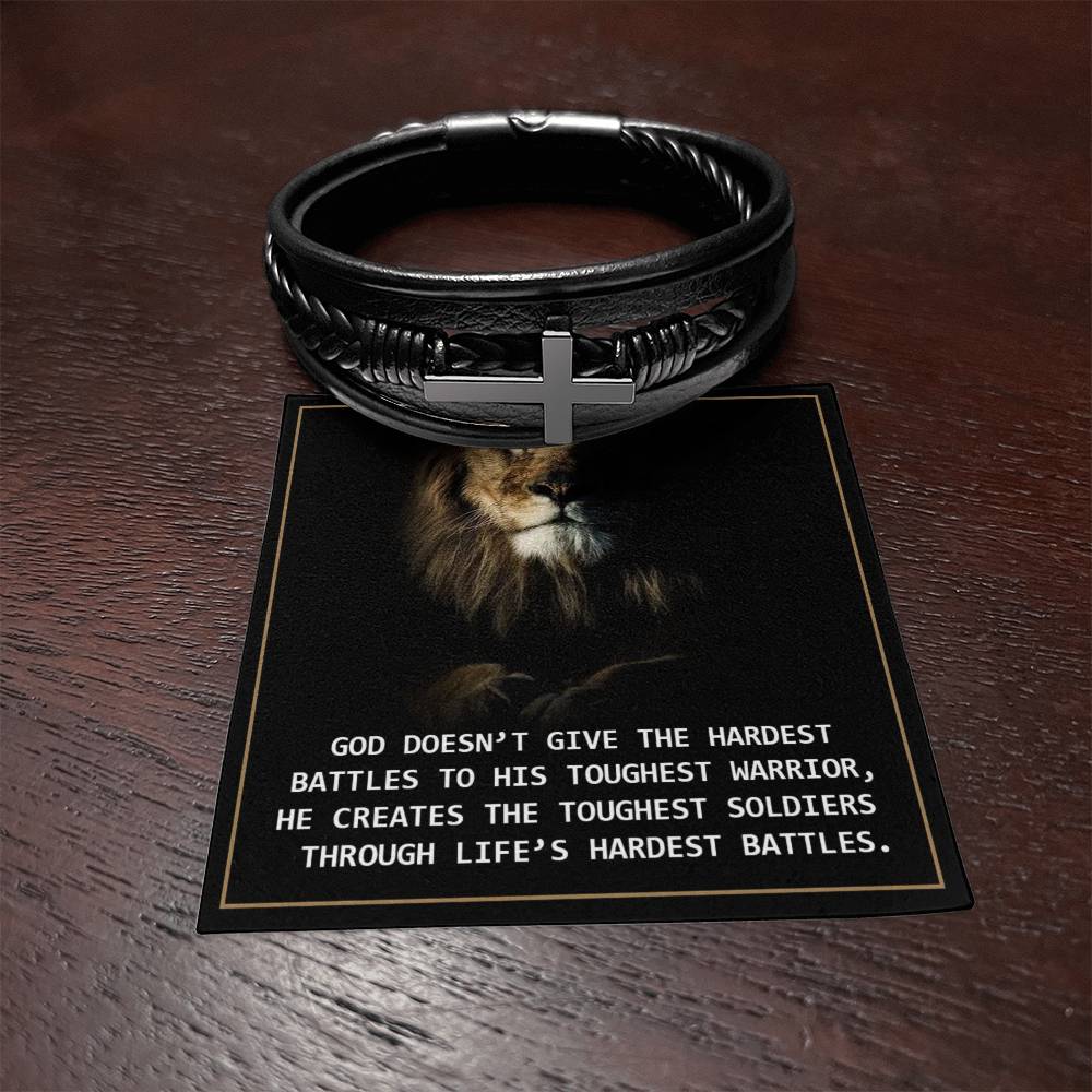 God doesn't give the hardest battles- Mens Leather Cross Bracelet