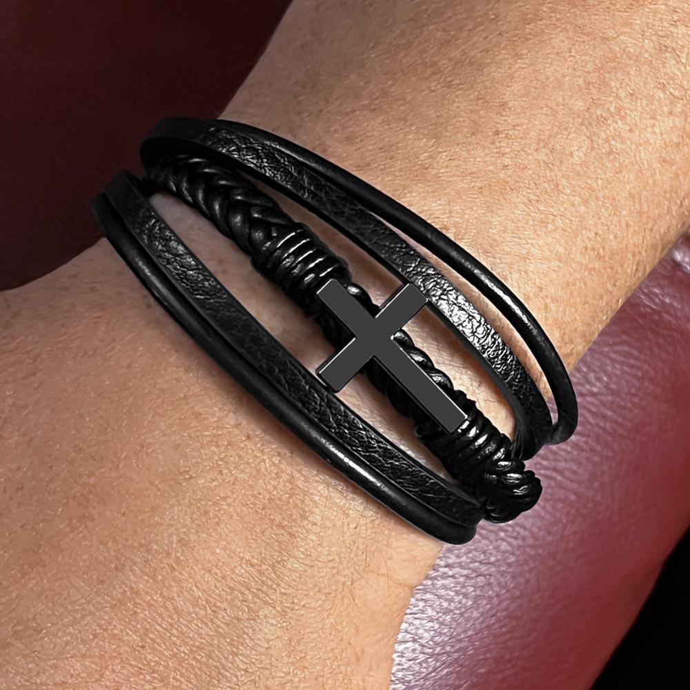 God doesn't give the hardest battles- Mens Leather Cross Bracelet