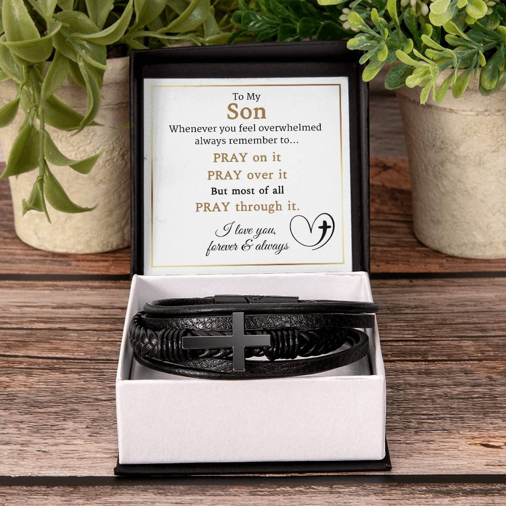 To My Son-Pray on It- Cross Leather Bracelet