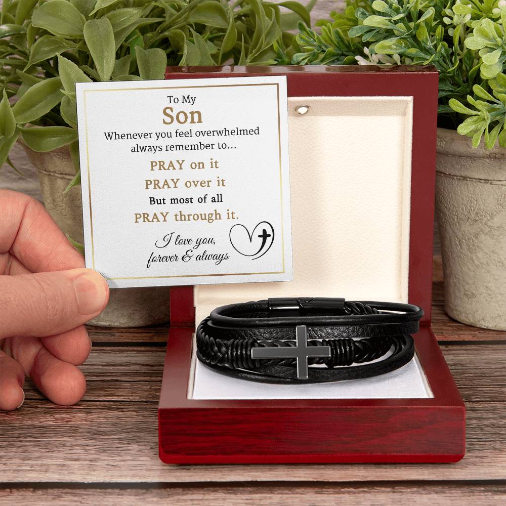 To My Son-Pray on It- Cross Leather Bracelet