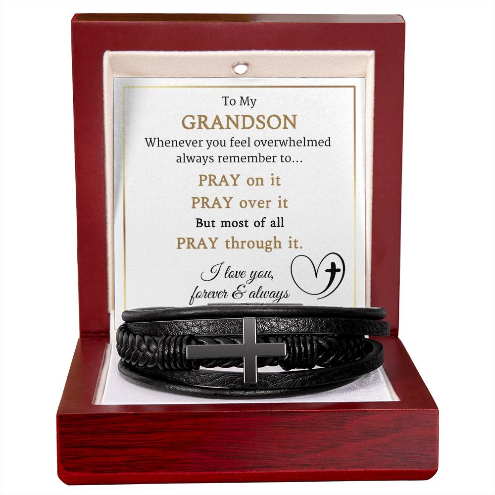 My Grandson- Pray- Leather Cross Bracelet