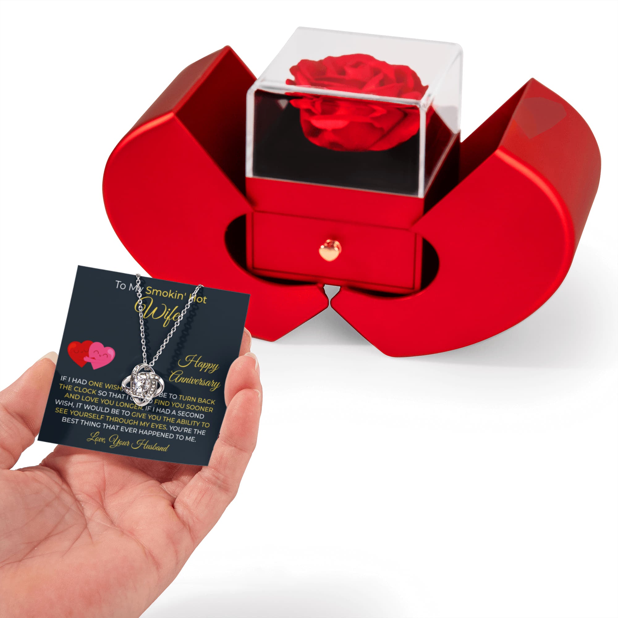 Anniversary Gift for Wife - Love Knot Necklace With Red Heart Rose Box Set