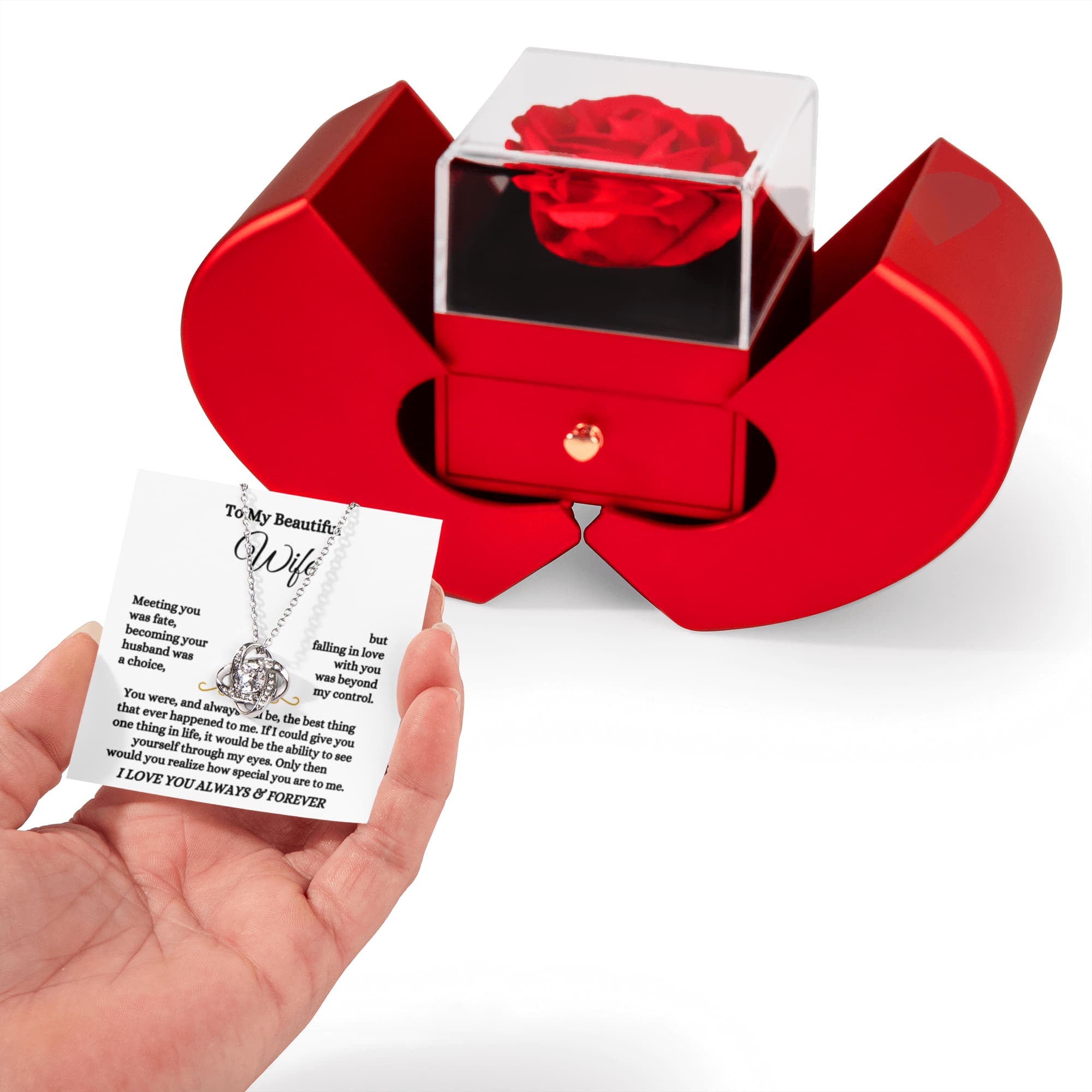 To My Beautiful Wife - Falling In Love Necklace With Red Heart Rose Box - Anniversary Gift for Her