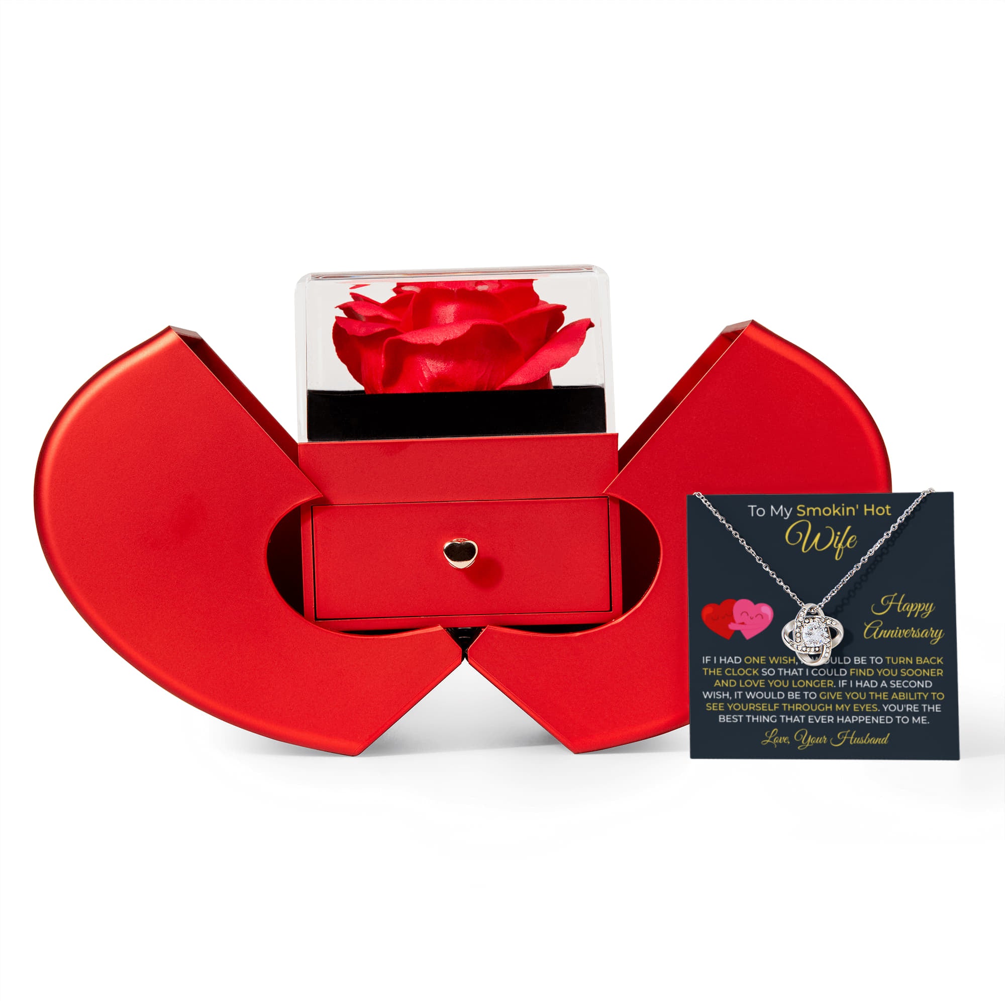 Anniversary Gift for Wife - Love Knot Necklace With Red Heart Rose Box Set