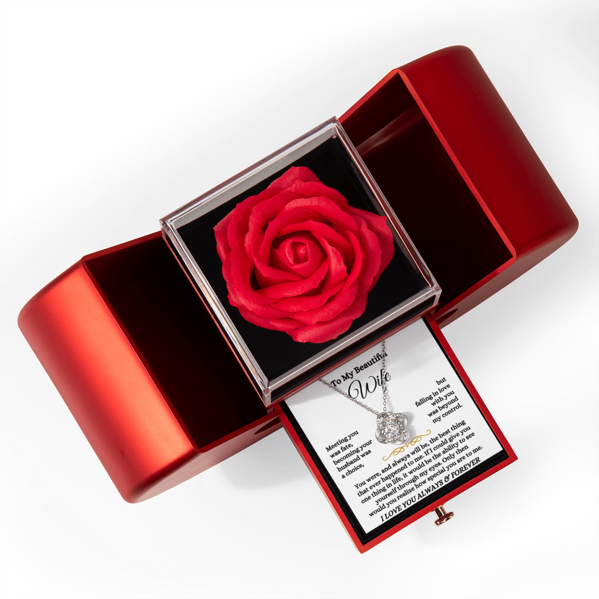 To My Beautiful Wife - Falling In Love Necklace With Red Heart Rose Box - Anniversary Gift for Her