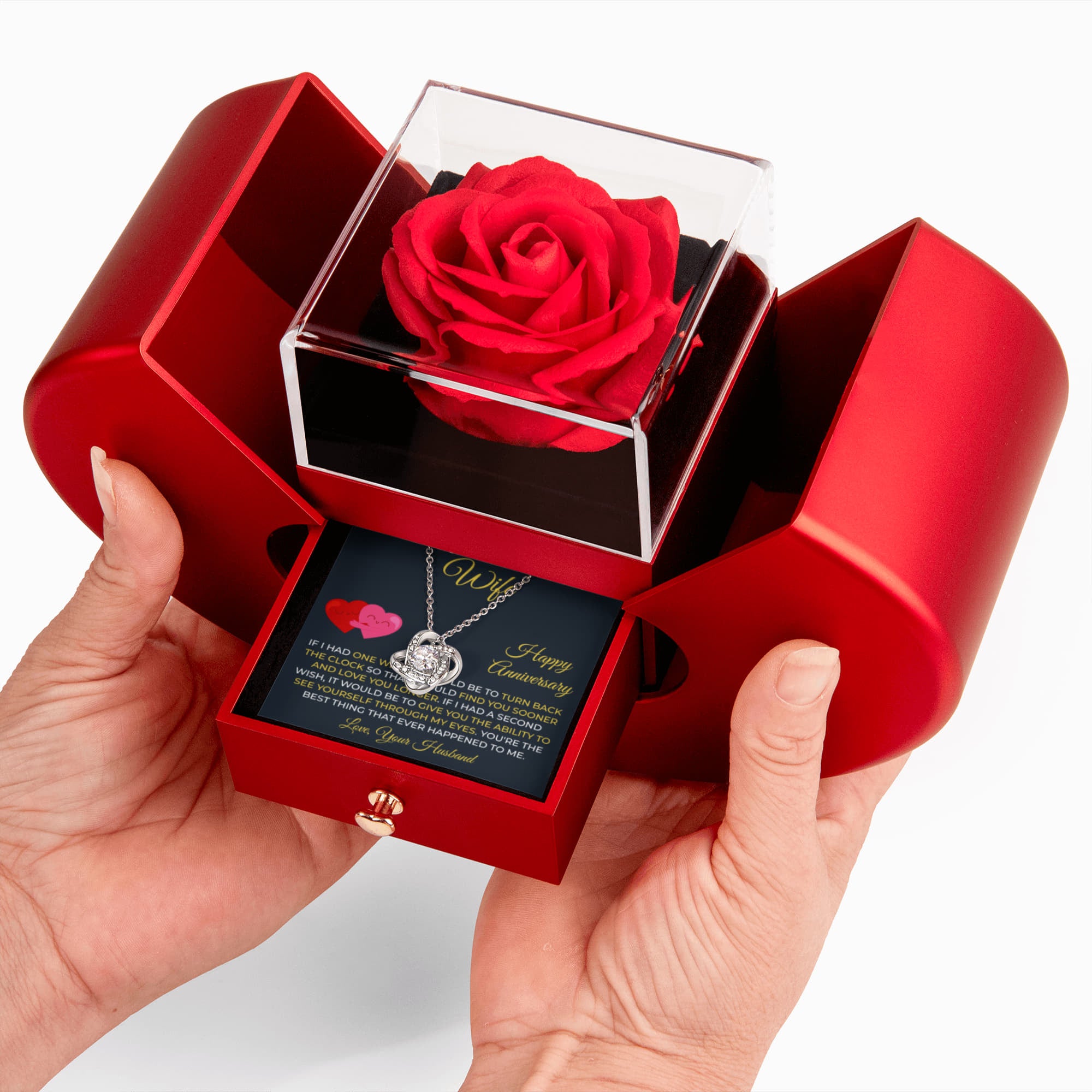Anniversary Gift for Wife - Love Knot Necklace With Red Heart Rose Box Set