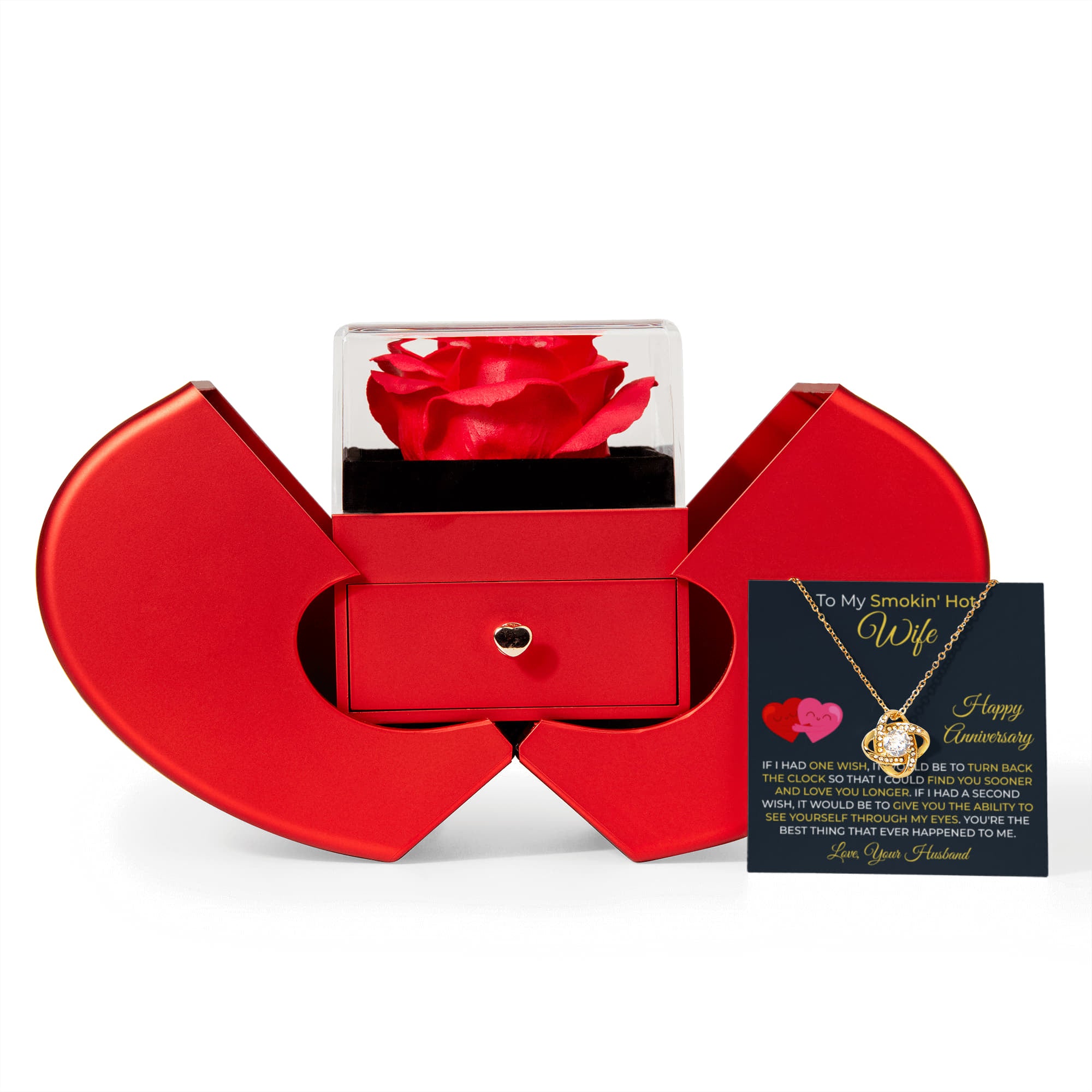 Anniversary Gift for Wife - Love Knot Necklace With Red Heart Rose Box Set