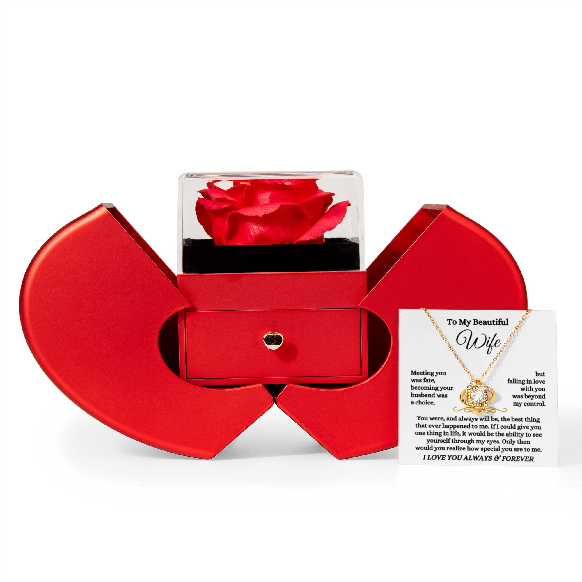 To My Beautiful Wife - Falling In Love Necklace With Red Heart Rose Box - Anniversary Gift for Her