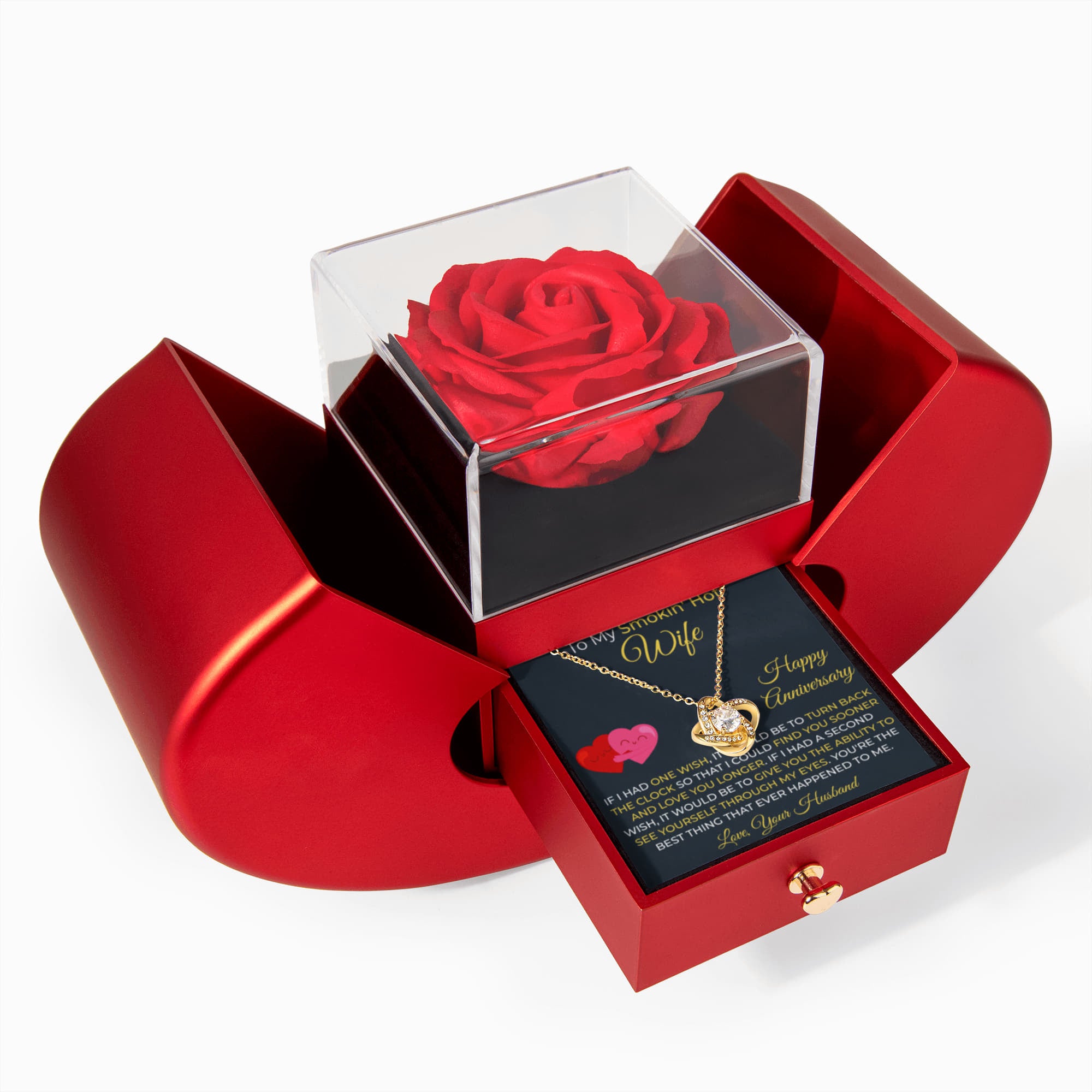 Anniversary Gift for Wife - Love Knot Necklace With Red Heart Rose Box Set