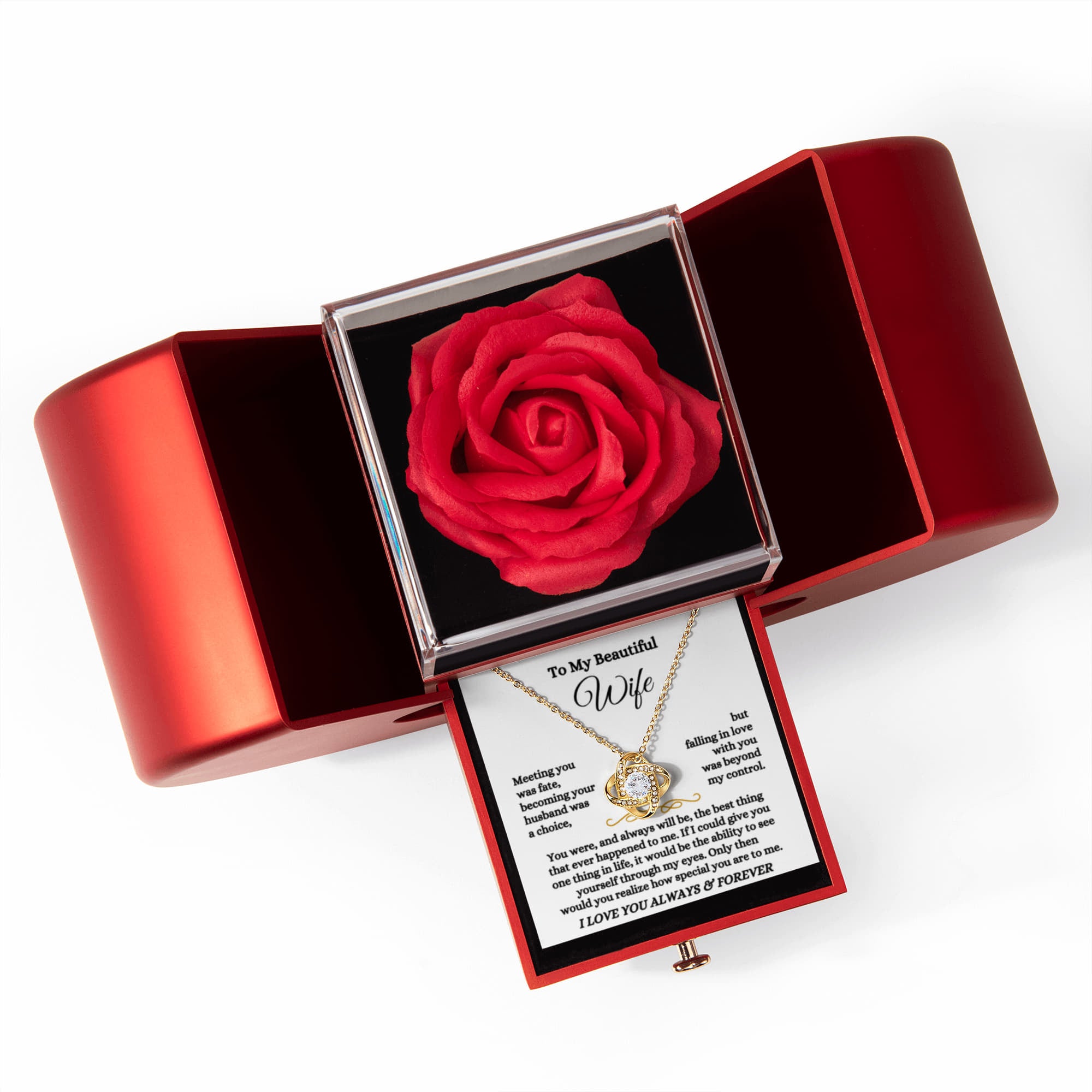 To My Beautiful Wife - Falling In Love Necklace With Red Heart Rose Box - Anniversary Gift for Her