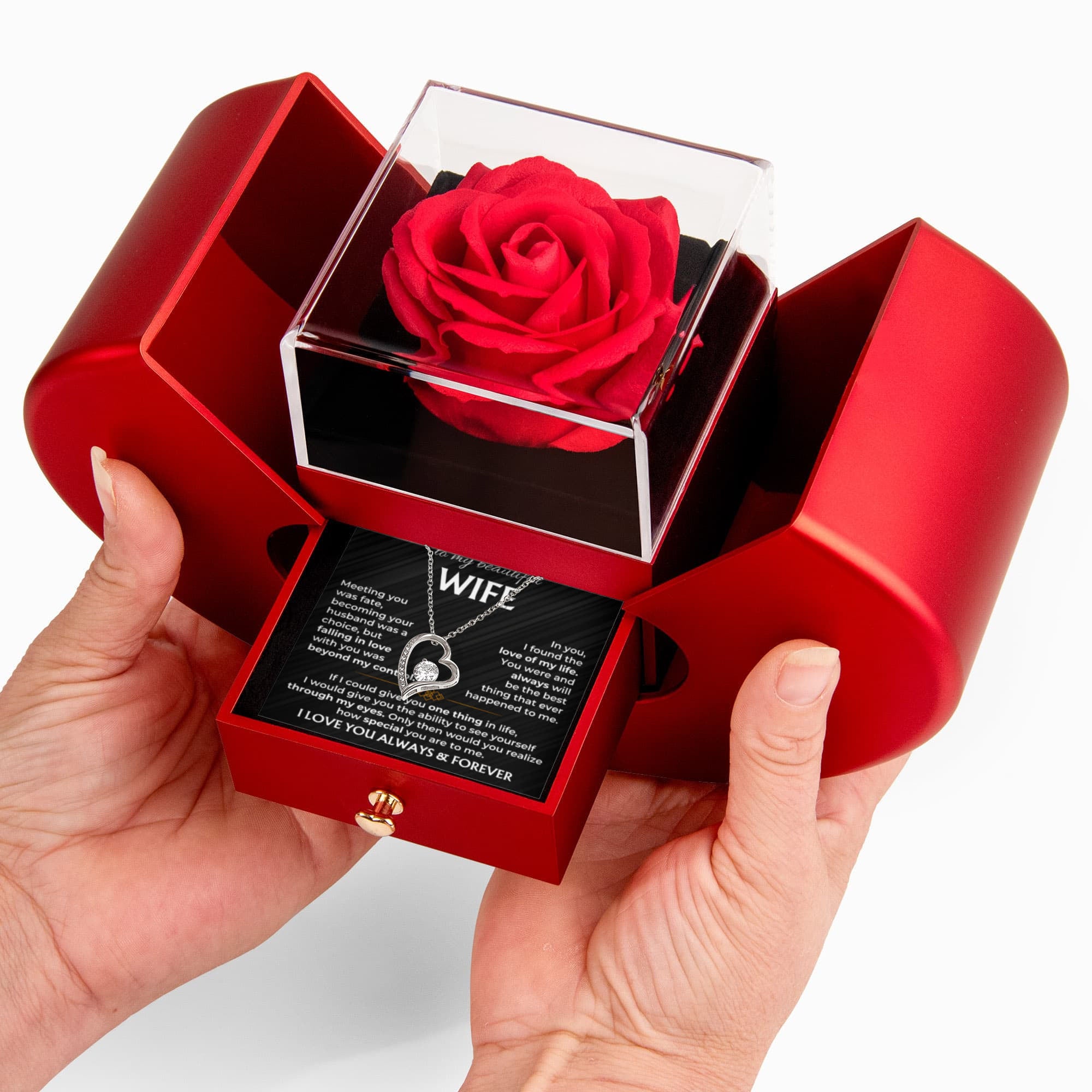 To My Wife - Forever Love Necklace for Anniversary Gift from Husband - Red Heart Rose Box