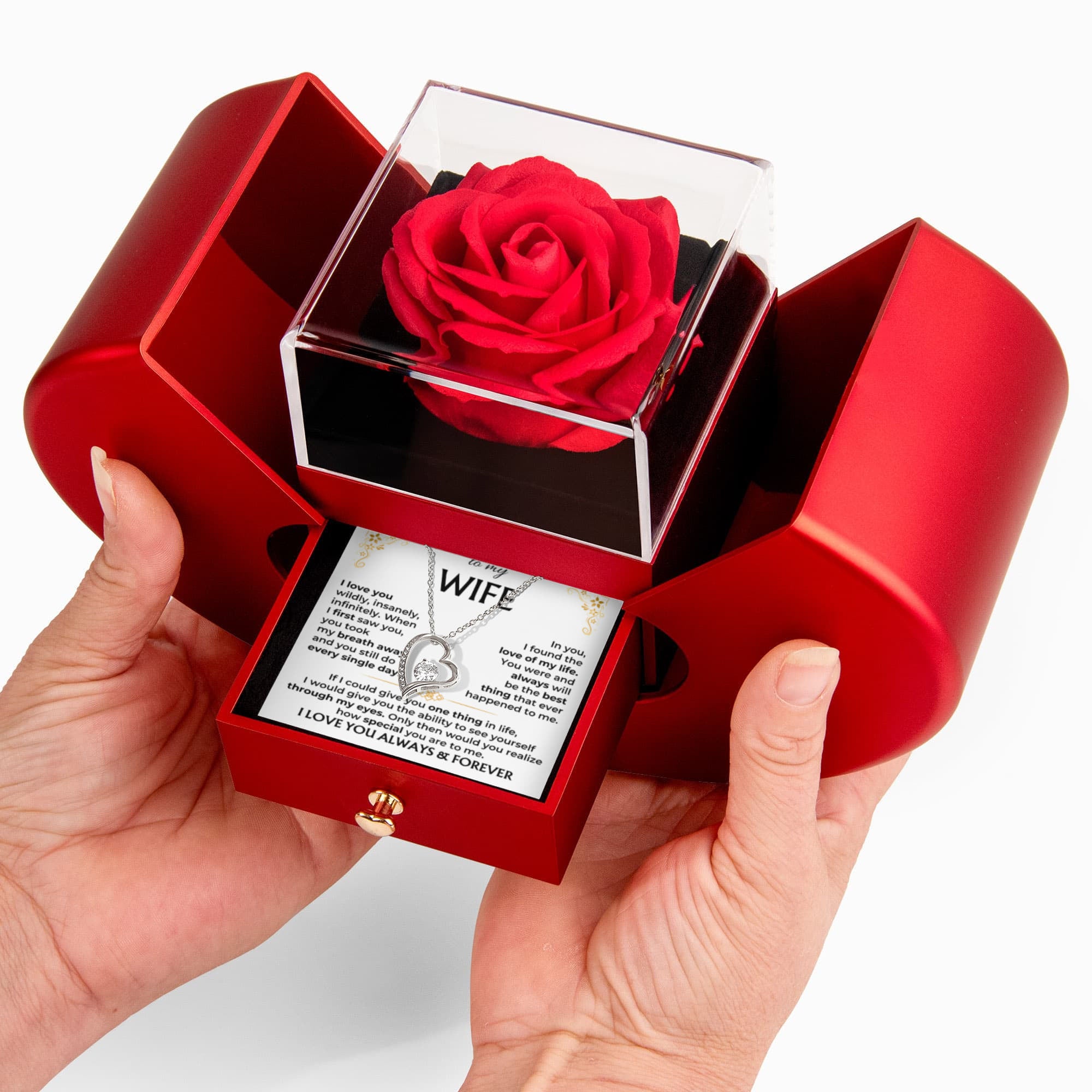 To My Wife - Love You Forever Necklace With Red Heart Rose Box - Best Gift for Anniversary and Wedding