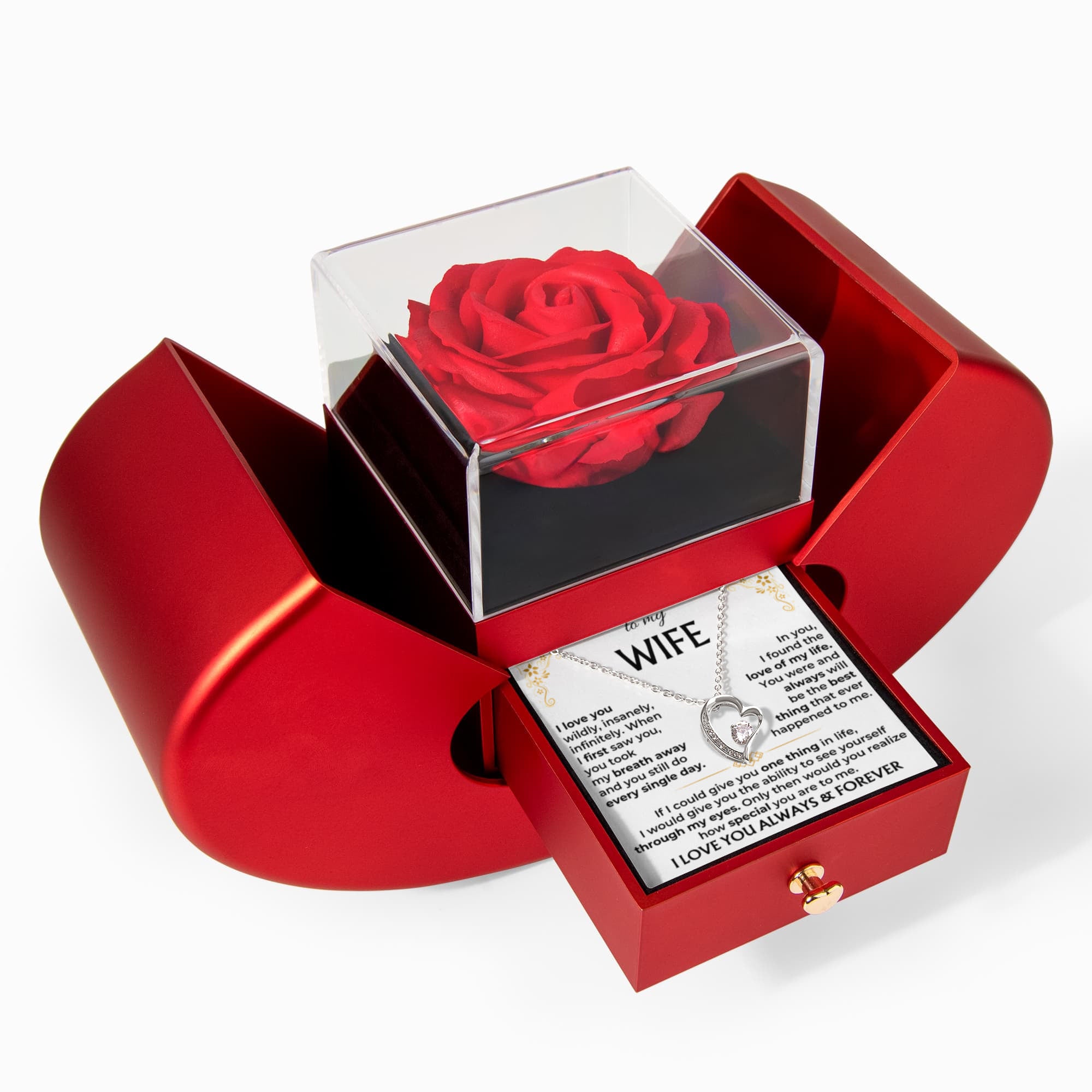To My Wife - Love You Forever Necklace With Red Heart Rose Box - Best Gift for Anniversary and Wedding