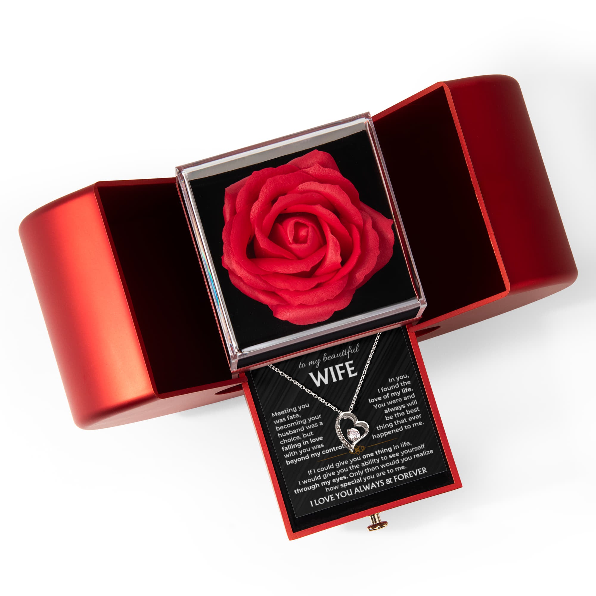 To My Wife - Forever Love Necklace for Anniversary Gift from Husband - Red Heart Rose Box