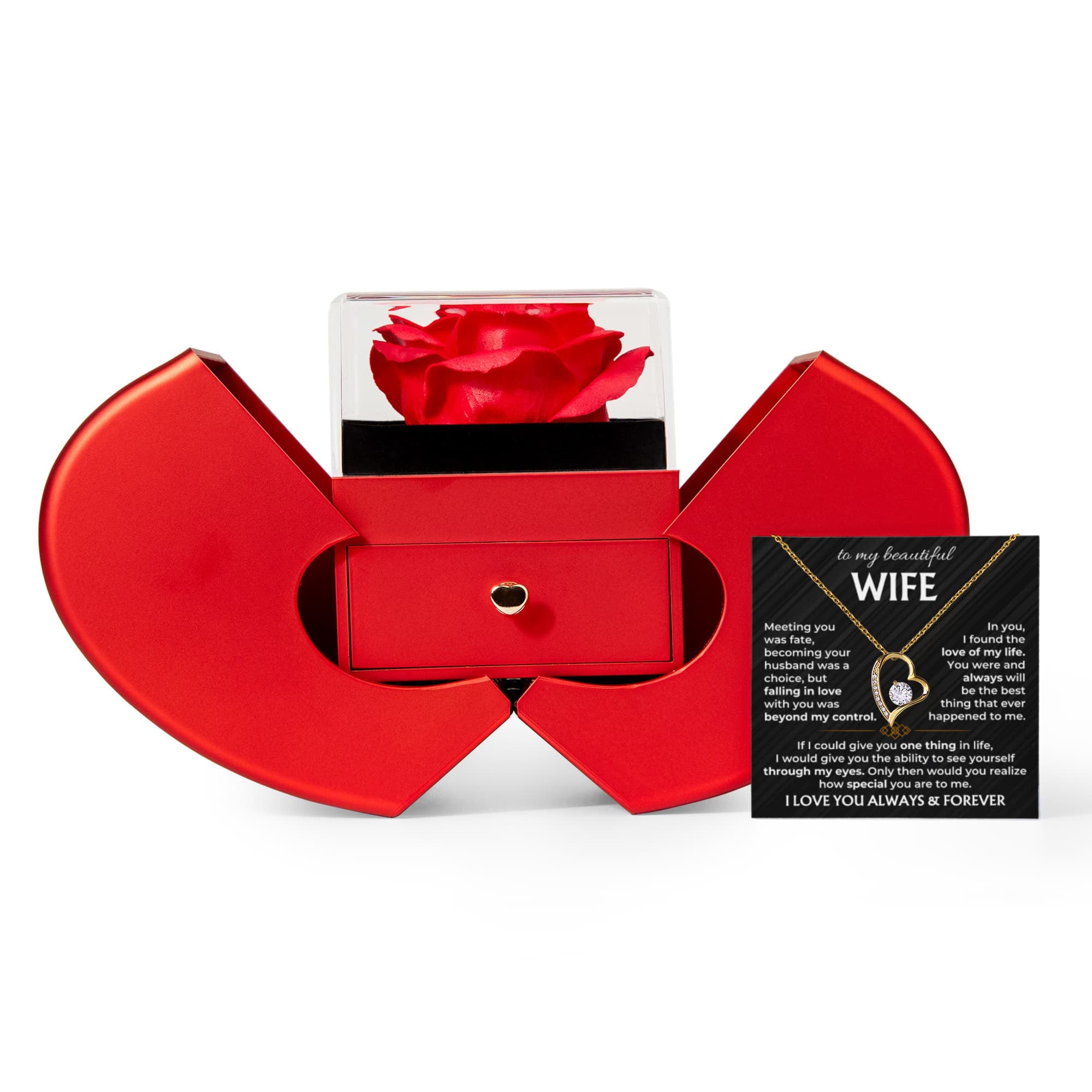 To My Wife - Forever Love Necklace for Anniversary Gift from Husband - Red Heart Rose Box