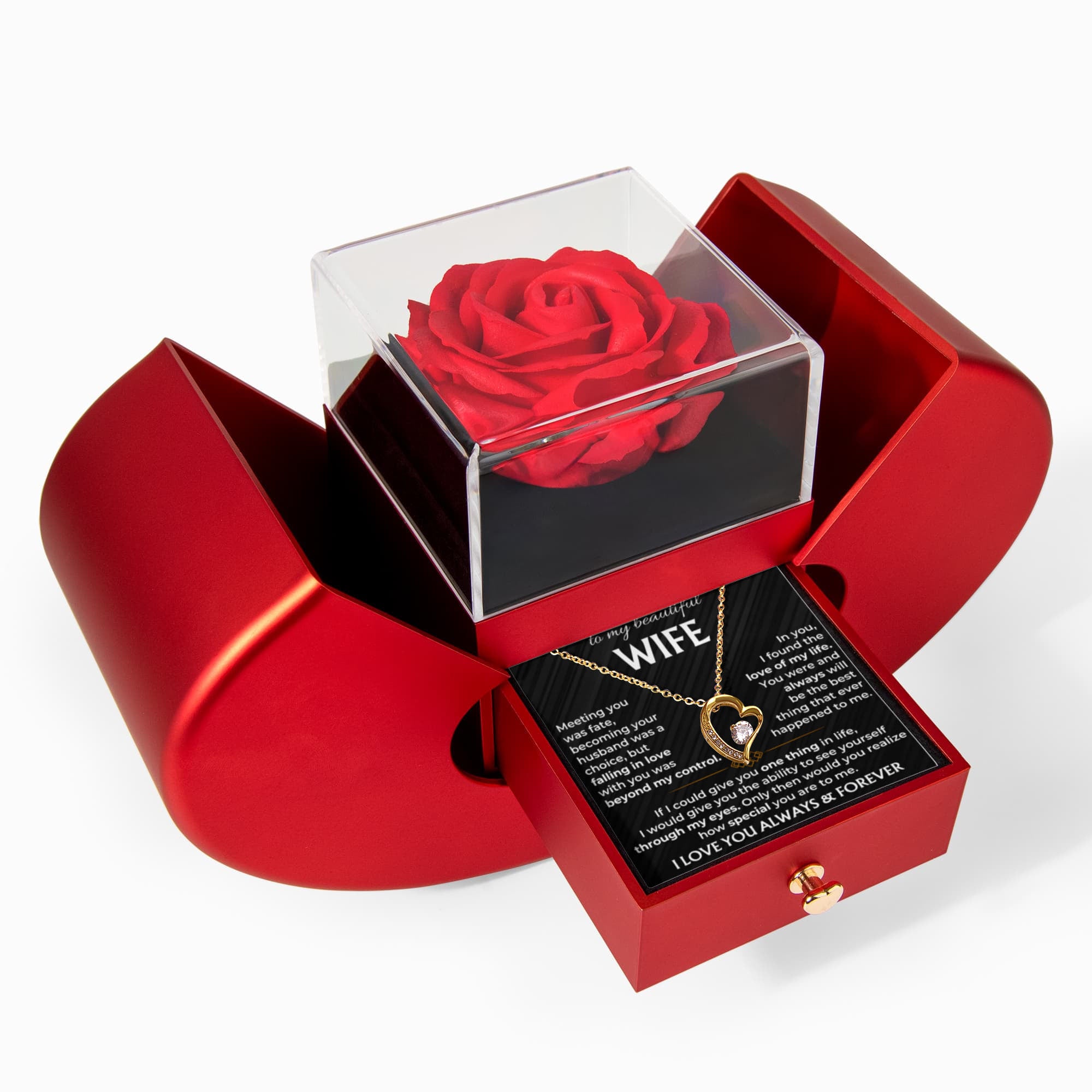 To My Wife - Forever Love Necklace for Anniversary Gift from Husband - Red Heart Rose Box