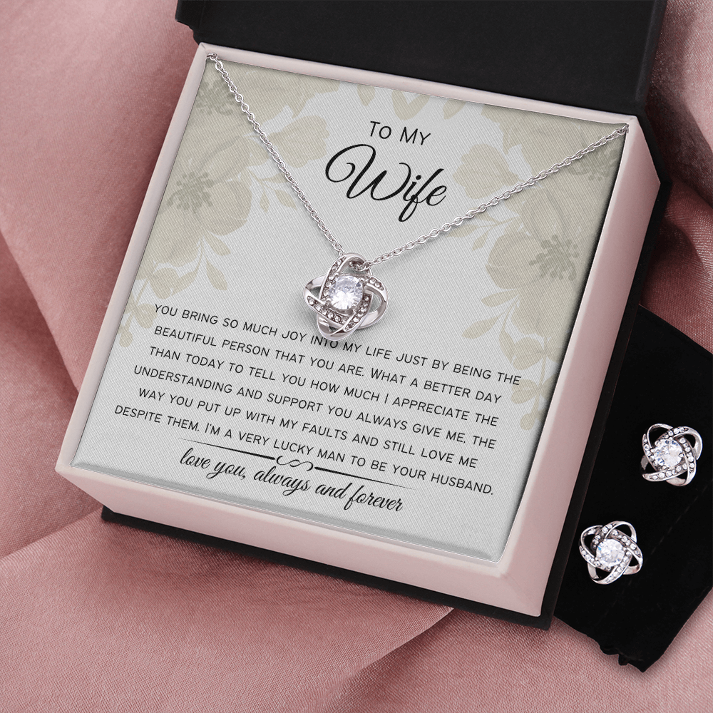 Wife- Very Lucky Man-Love Knot Earrings and Necklace Set